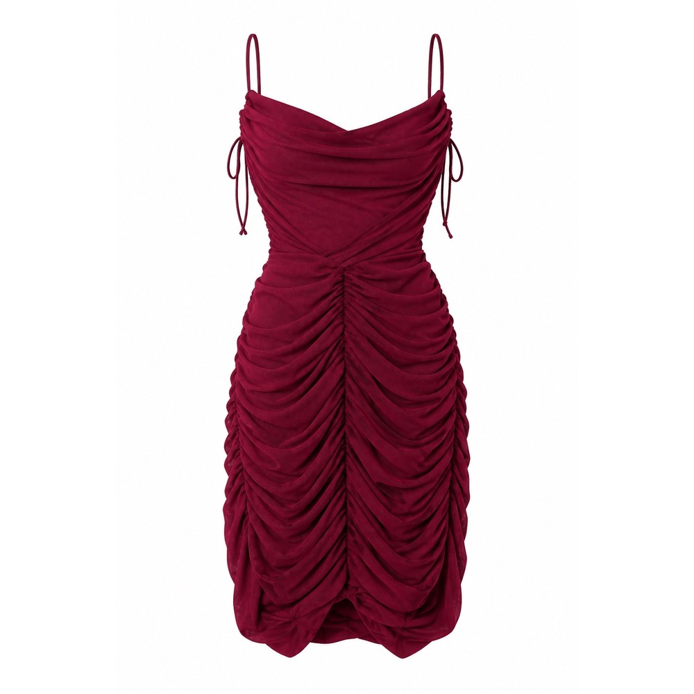 Oh Polly Dark Red Ruched Mesh Cowl Neck Bodycon Mini‎ Dress Size 2 Homecoming